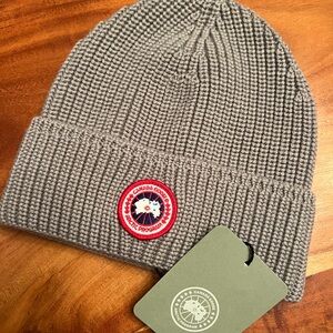 Canada Goose Mist Grey Rib Knit Toque with Red Logo Patch
